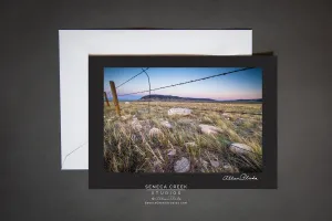 "Barbed Wire Fence Western Mountain Sunset in Wyoming" Photo Art Greeting Card