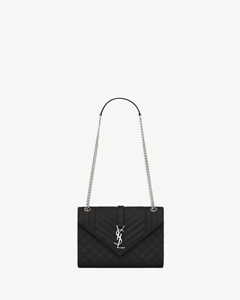 Saint Laurent Matelassé Silver Envelope Medium Shoulder Bag Silver