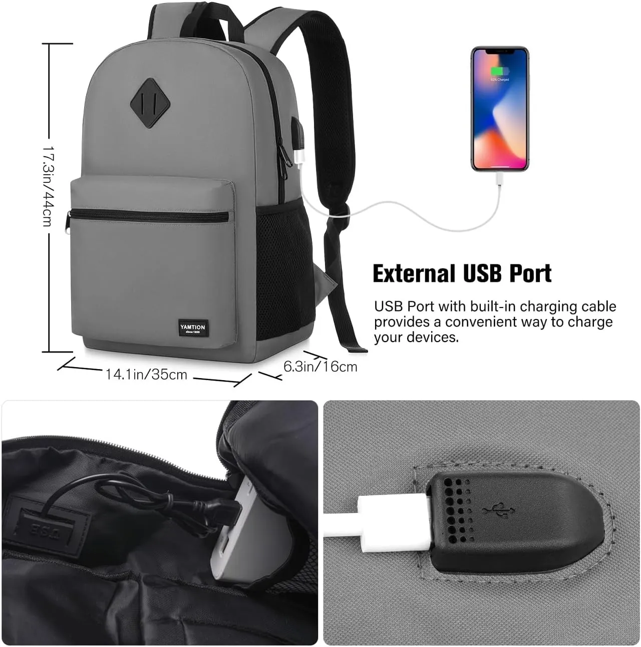 School Backpack,Unisex Classic Bookbag Teens Schoolbag with USB Port for High School College Office Work Travel