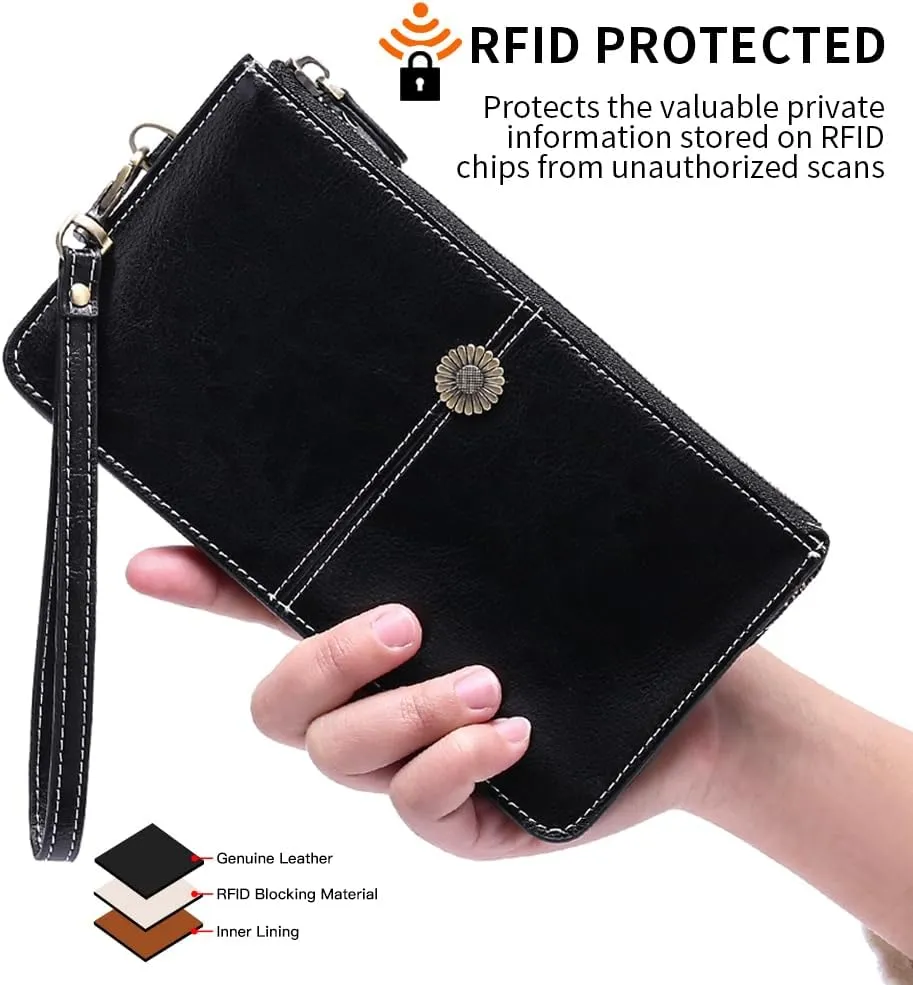 SENDEFN Leather Wristlet for Womens Wallet RFID Blocking Double Zip Cell Phone Clutch Purse