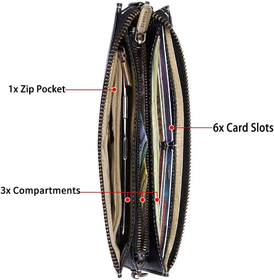 SENDEFN Leather Wristlet for Womens Wallet RFID Blocking Double Zip Cell Phone Clutch Purse