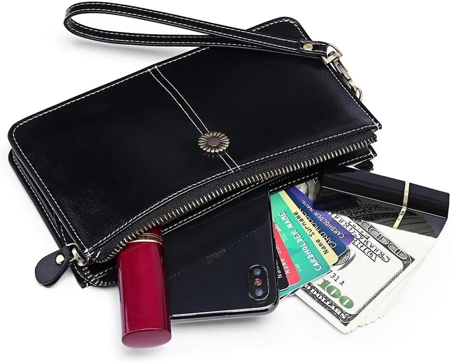 SENDEFN Leather Wristlet for Womens Wallet RFID Blocking Double Zip Cell Phone Clutch Purse
