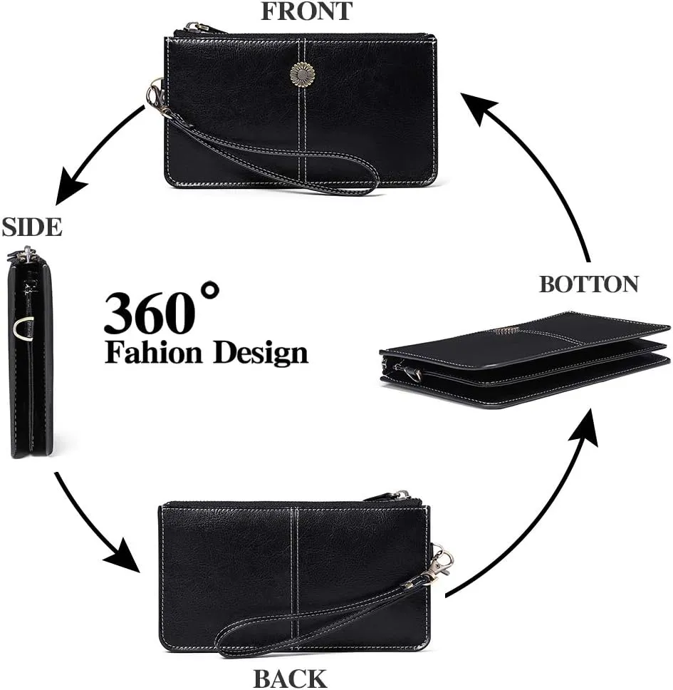 SENDEFN Leather Wristlet for Womens Wallet RFID Blocking Double Zip Cell Phone Clutch Purse