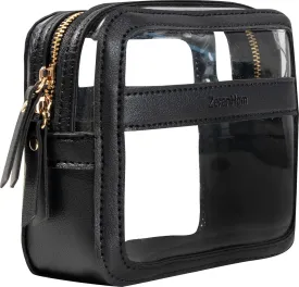Small Cosmetic Bag, Mini Clear Makeup Bag for Purse, Leather Makeup Pouch with Zippers,Waterproof Cute Travel Toiletry Bag Accessories Organizer, Great Gifts for Women Girls(Black)