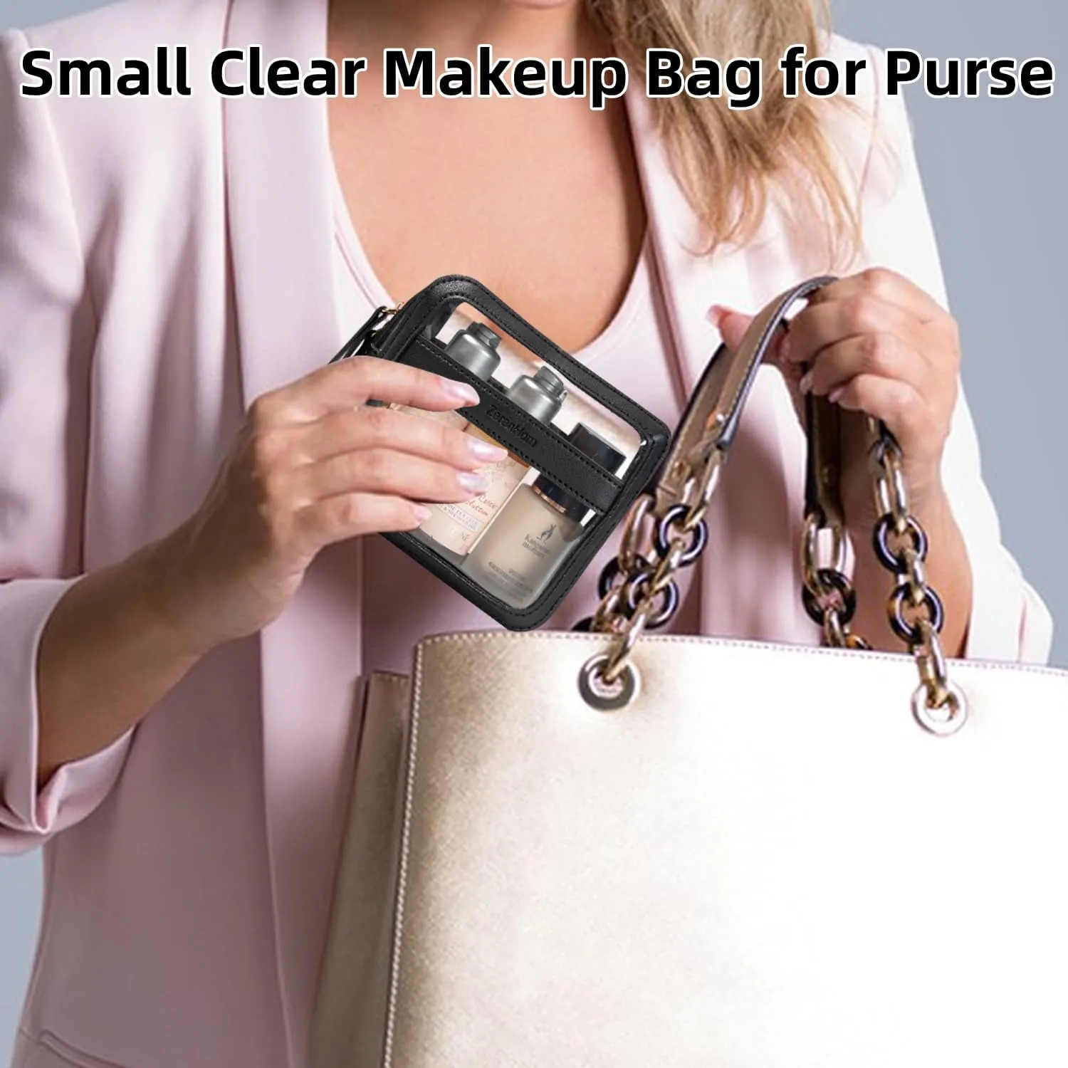 Small Cosmetic Bag, Mini Clear Makeup Bag for Purse, Leather Makeup Pouch with Zippers,Waterproof Cute Travel Toiletry Bag Accessories Organizer, Great Gifts for Women Girls(Black)