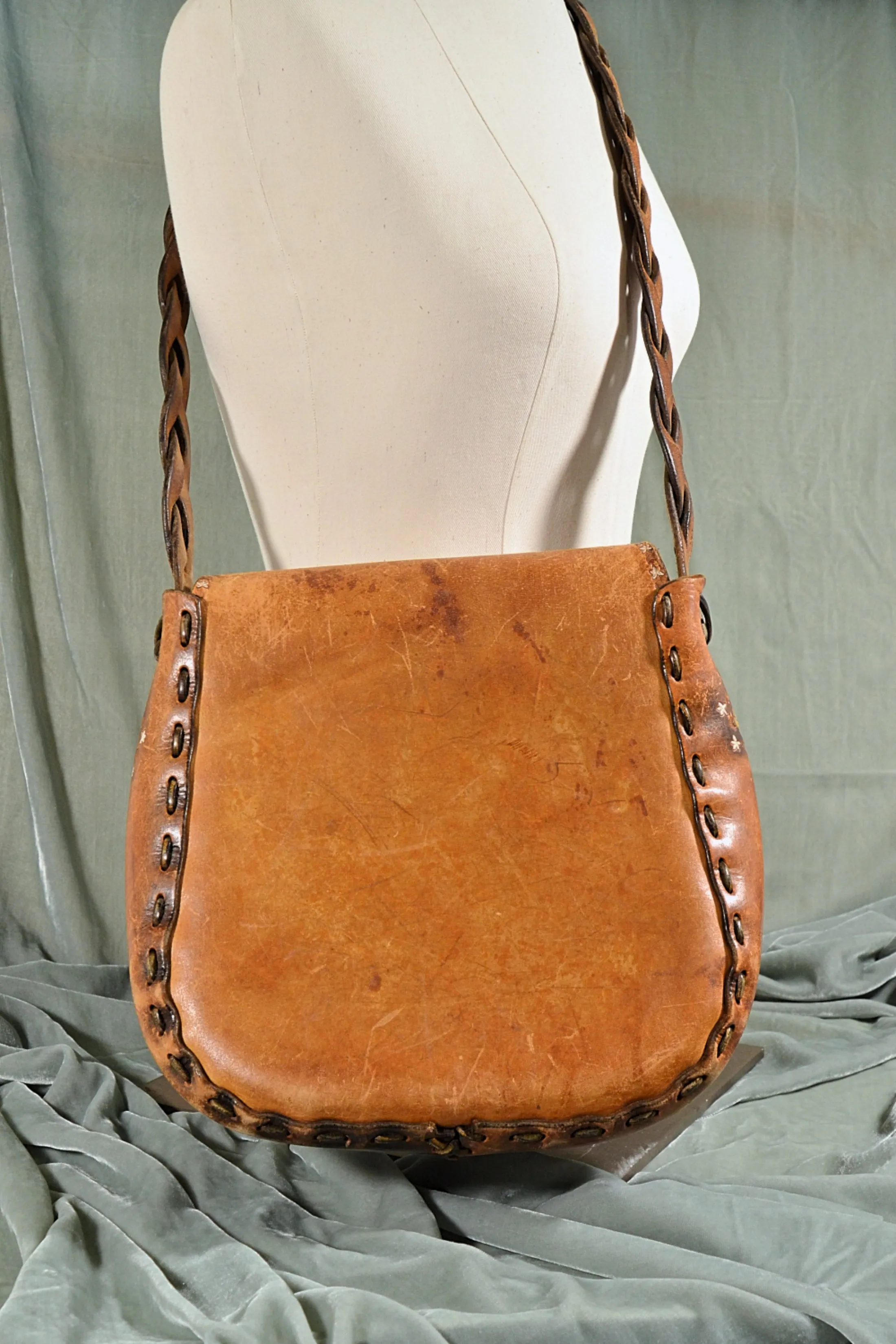 SOLD Vintage Tooled Leather Painted Handbag, OOAK Hippie Handmade Shoulder Bag, Monogrammed