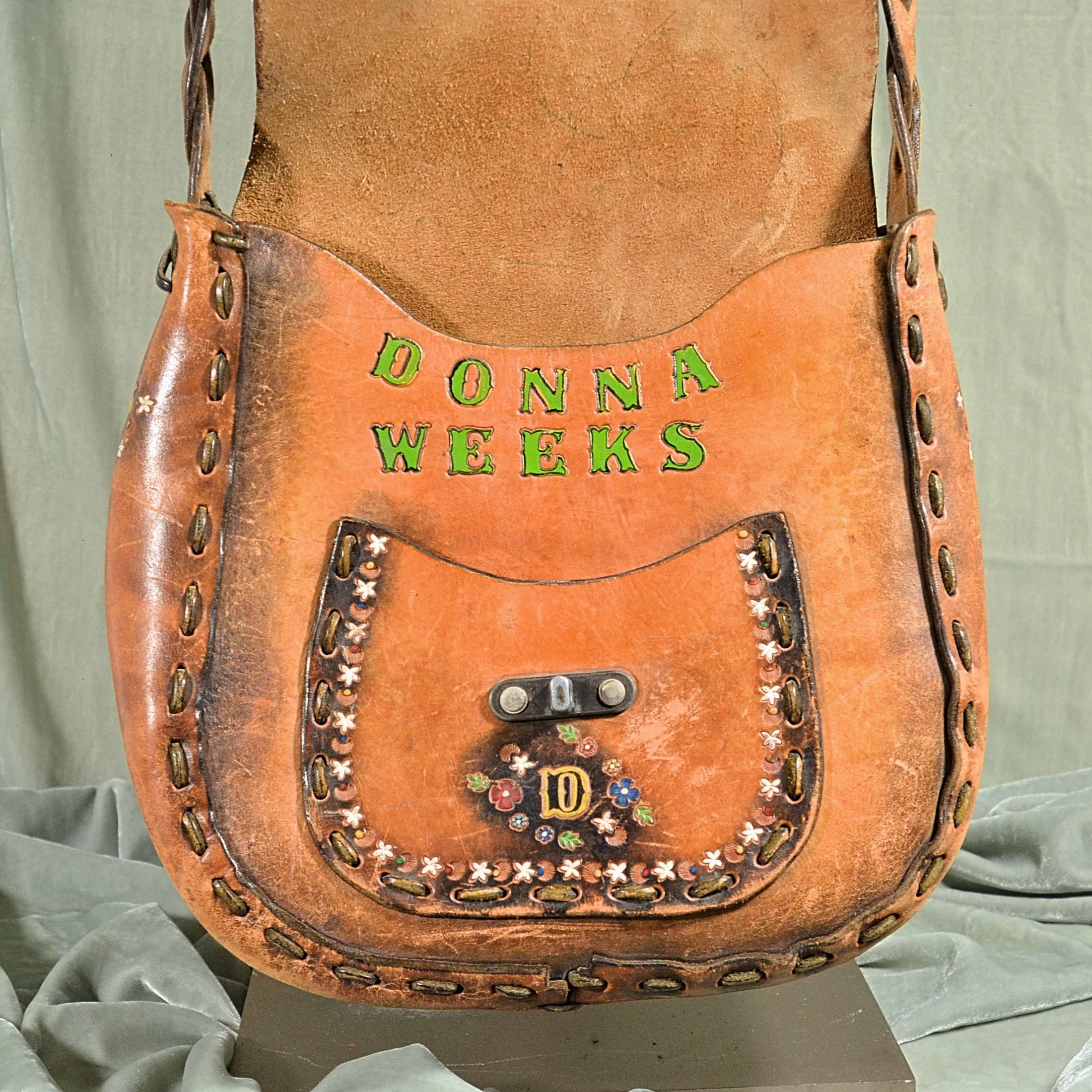 SOLD Vintage Tooled Leather Painted Handbag, OOAK Hippie Handmade Shoulder Bag, Monogrammed