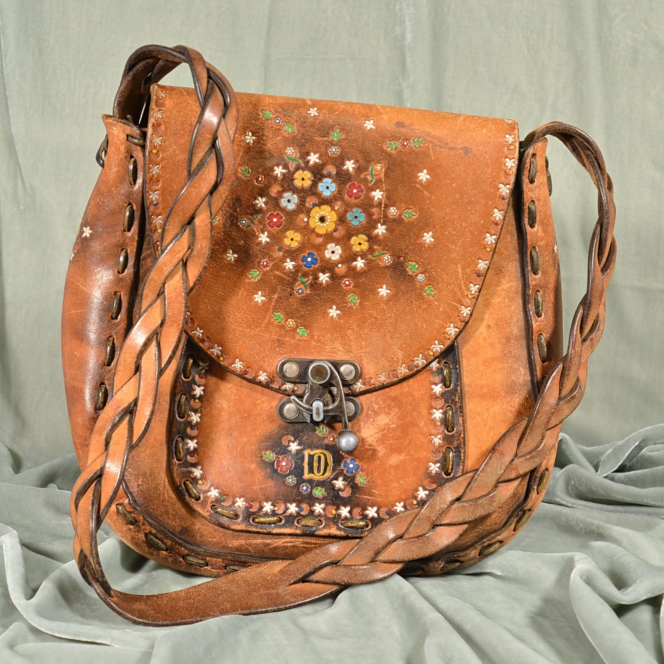 SOLD Vintage Tooled Leather Painted Handbag, OOAK Hippie Handmade Shoulder Bag, Monogrammed