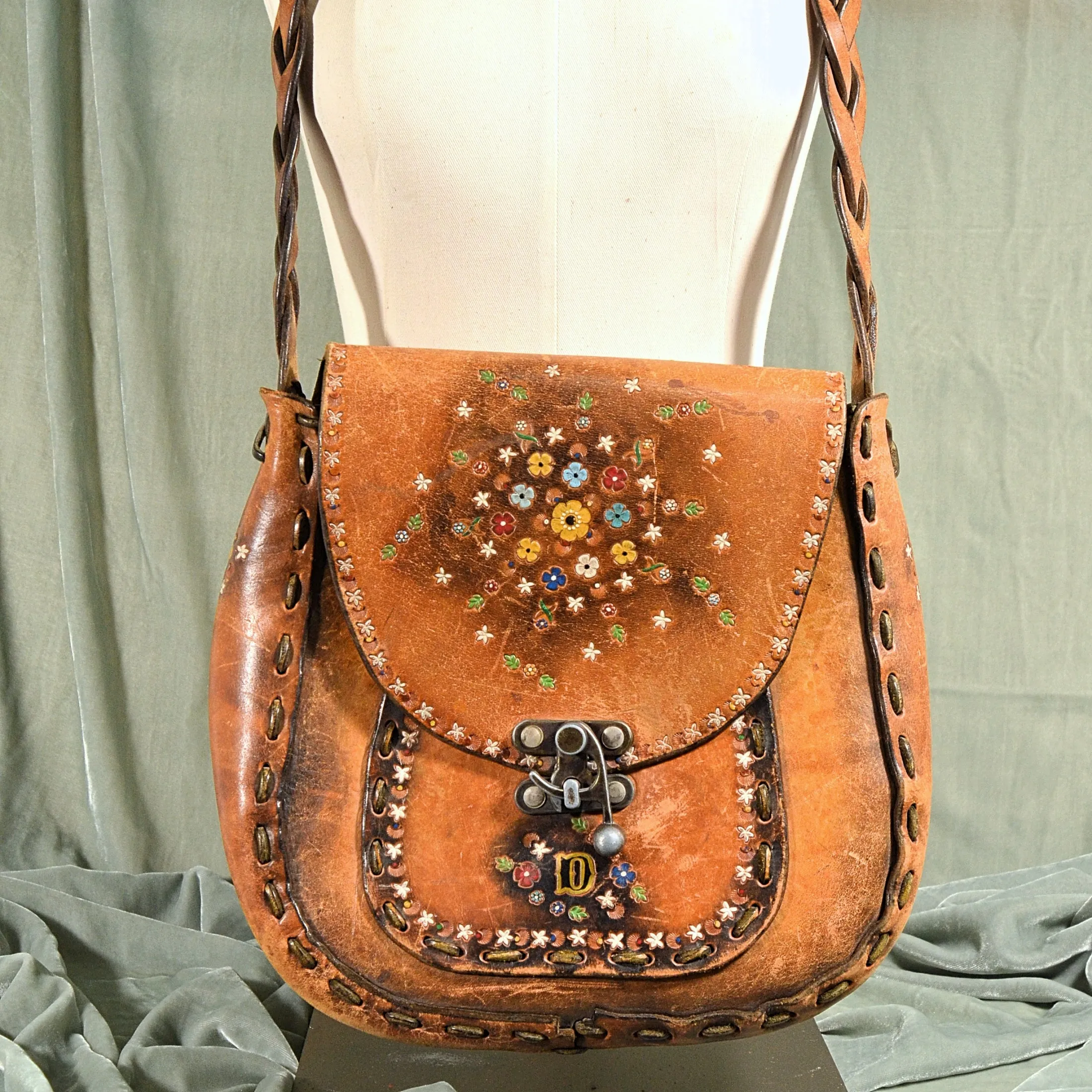 SOLD Vintage Tooled Leather Painted Handbag, OOAK Hippie Handmade Shoulder Bag, Monogrammed