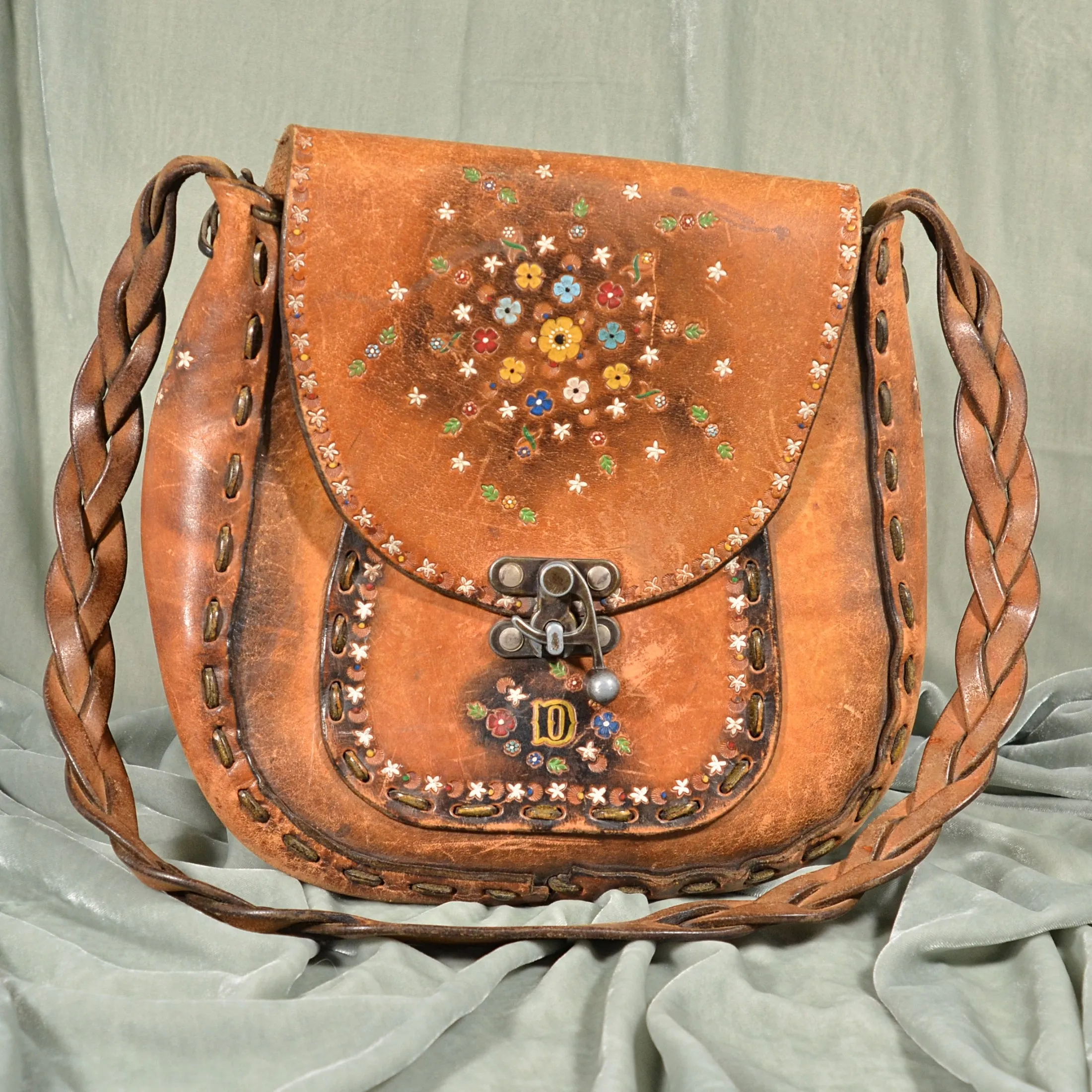 SOLD Vintage Tooled Leather Painted Handbag, OOAK Hippie Handmade Shoulder Bag, Monogrammed