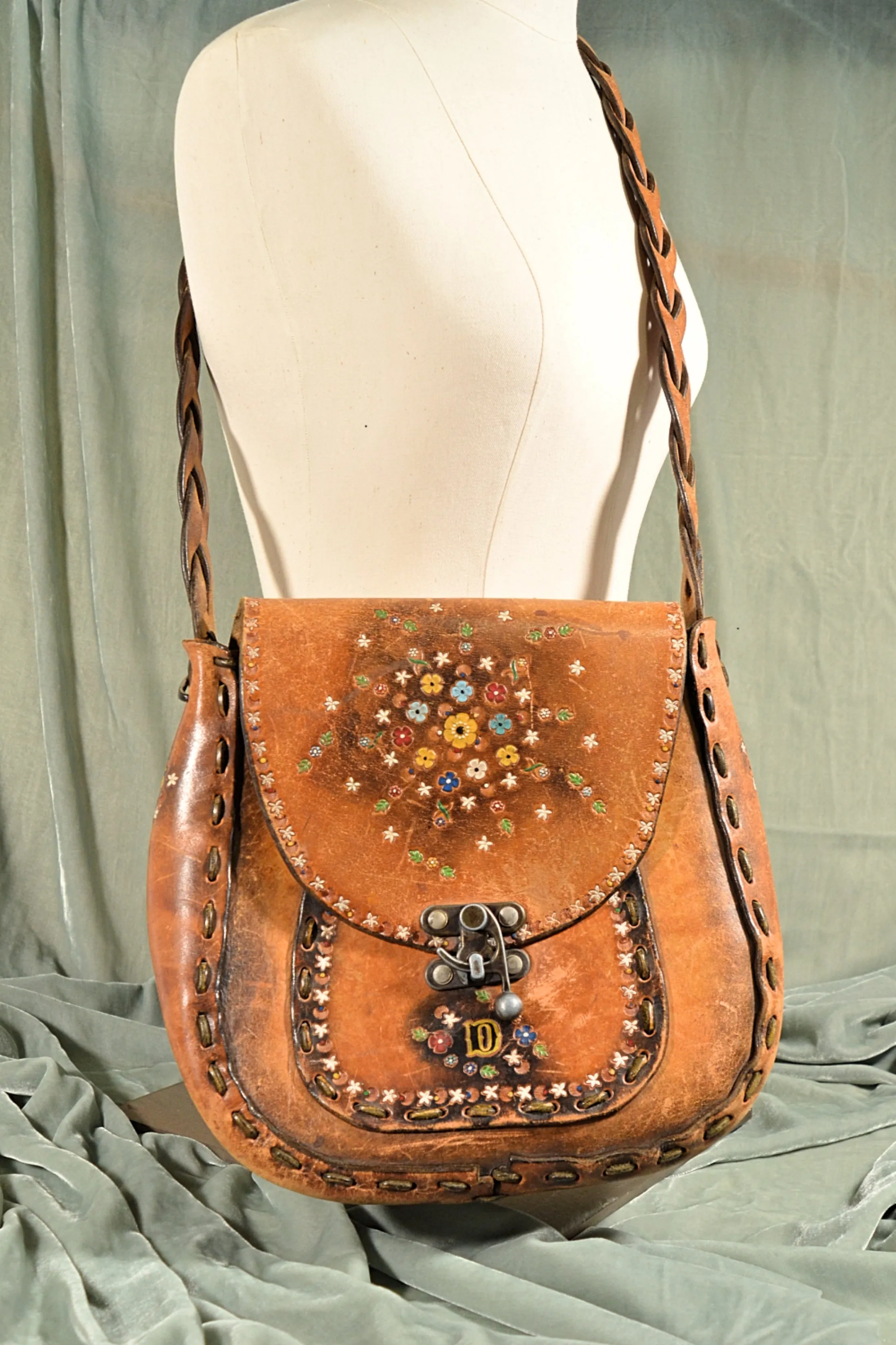 SOLD Vintage Tooled Leather Painted Handbag, OOAK Hippie Handmade Shoulder Bag, Monogrammed