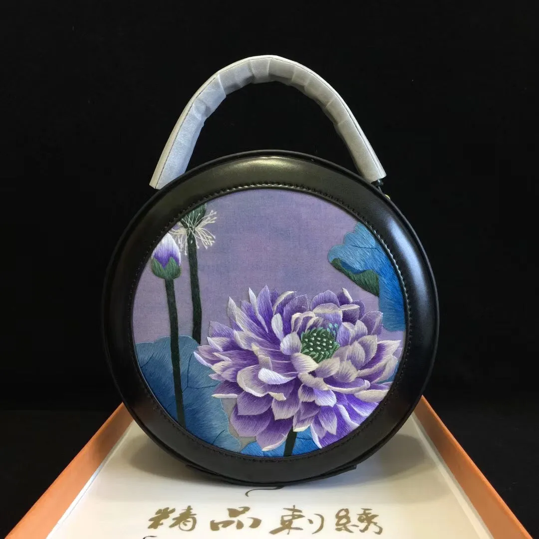 Su embroidery retro cowhide small round bag genuine leather bag women's handbag shoulderbag