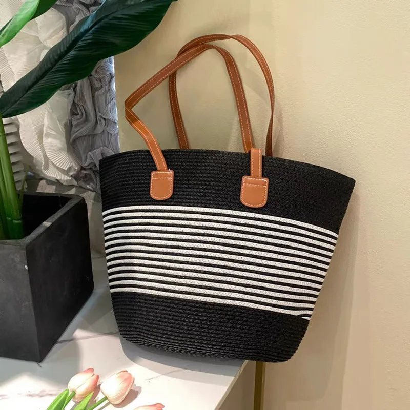 Summer Striped One-Shoulder Commuter Straw Woven Bag New Large Capacity Casual Fashion Women's Seaside Beach Tote Bag