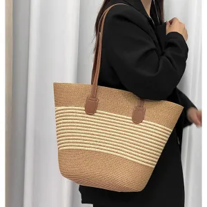 Summer Striped One-Shoulder Commuter Straw Woven Bag New Large Capacity Casual Fashion Women's Seaside Beach Tote Bag