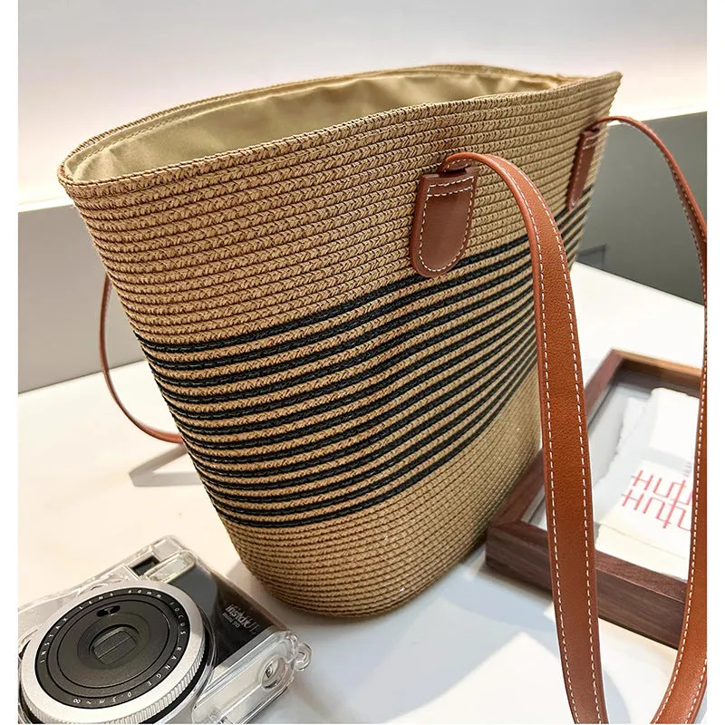 Summer Striped One-Shoulder Commuter Straw Woven Bag New Large Capacity Casual Fashion Women's Seaside Beach Tote Bag