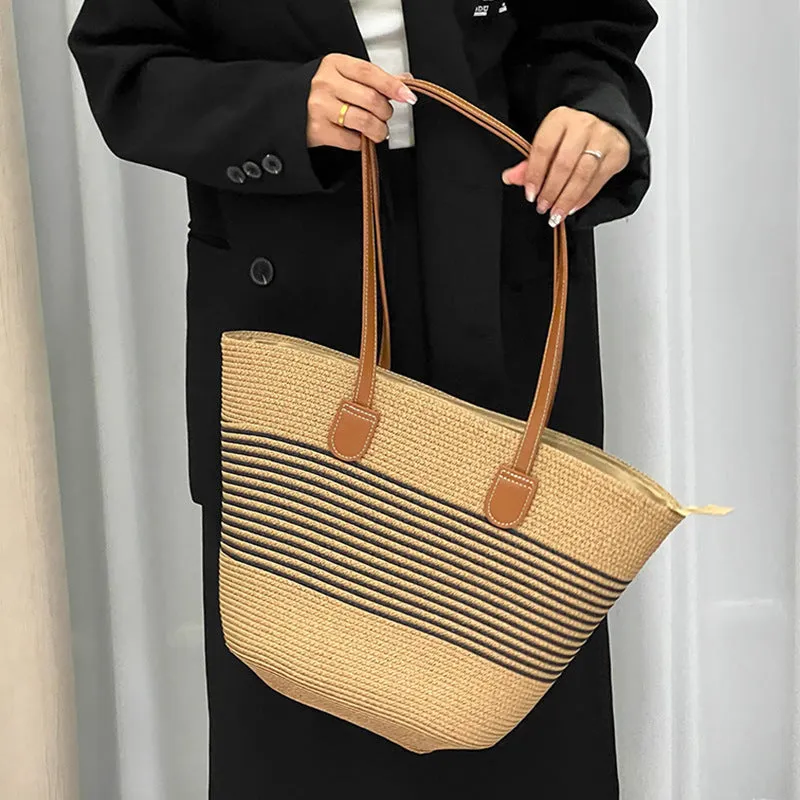 Summer Striped One-Shoulder Commuter Straw Woven Bag New Large Capacity Casual Fashion Women's Seaside Beach Tote Bag