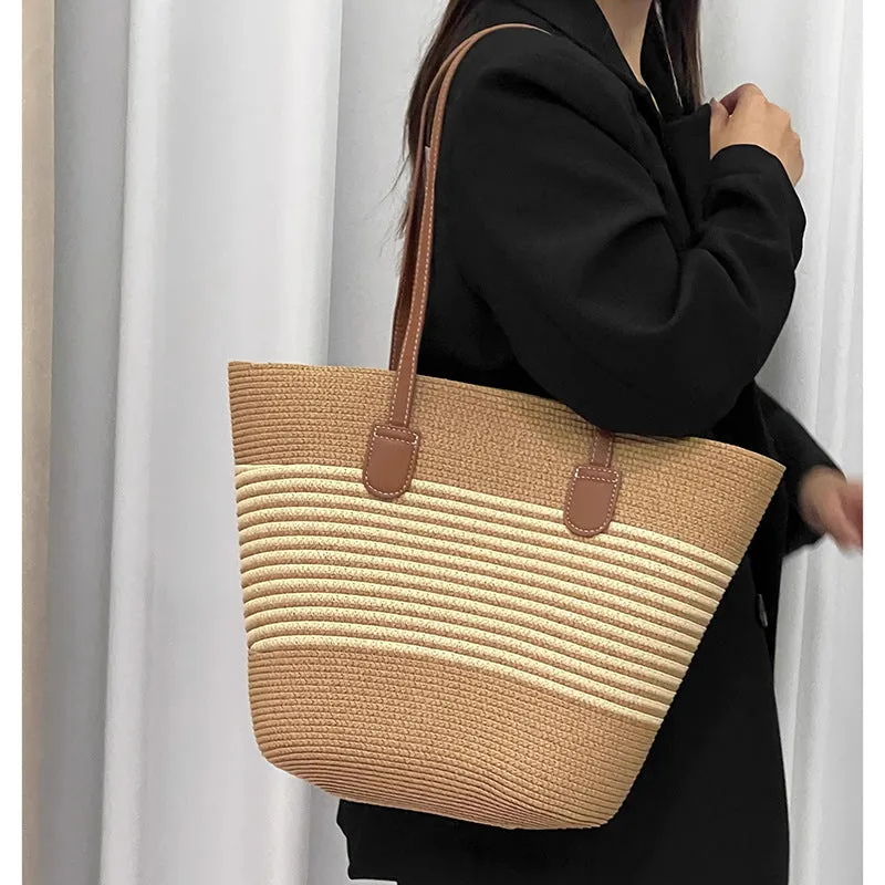 Summer Striped One-Shoulder Commuter Straw Woven Bag New Large Capacity Casual Fashion Women's Seaside Beach Tote Bag