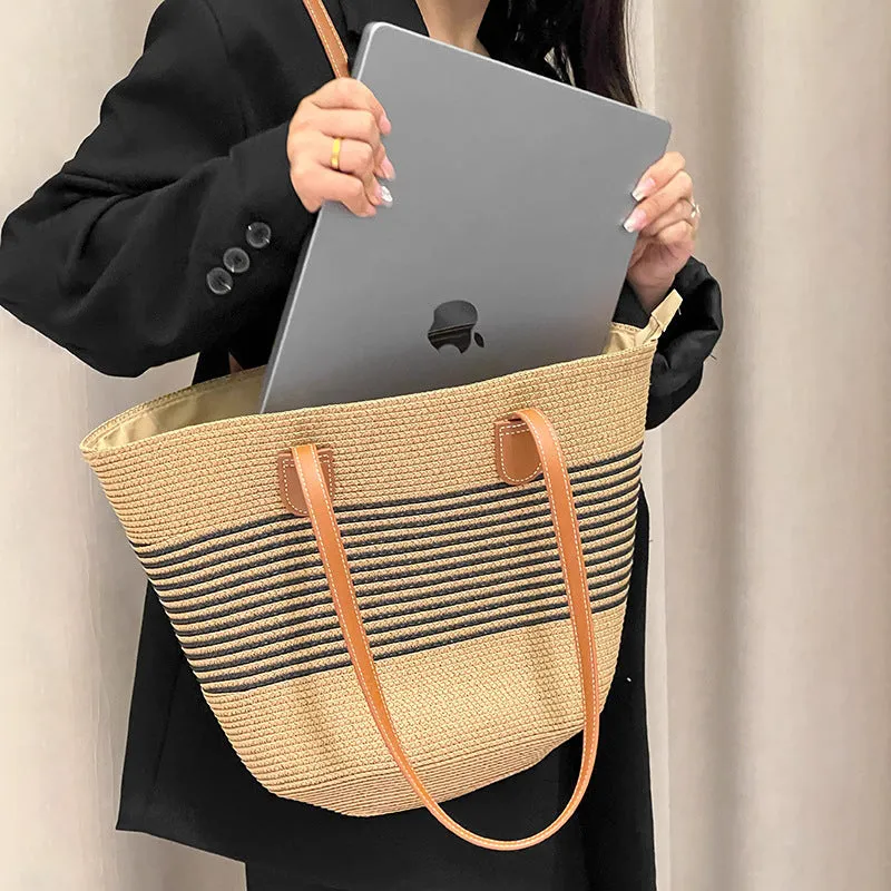 Summer Striped One-Shoulder Commuter Straw Woven Bag New Large Capacity Casual Fashion Women's Seaside Beach Tote Bag