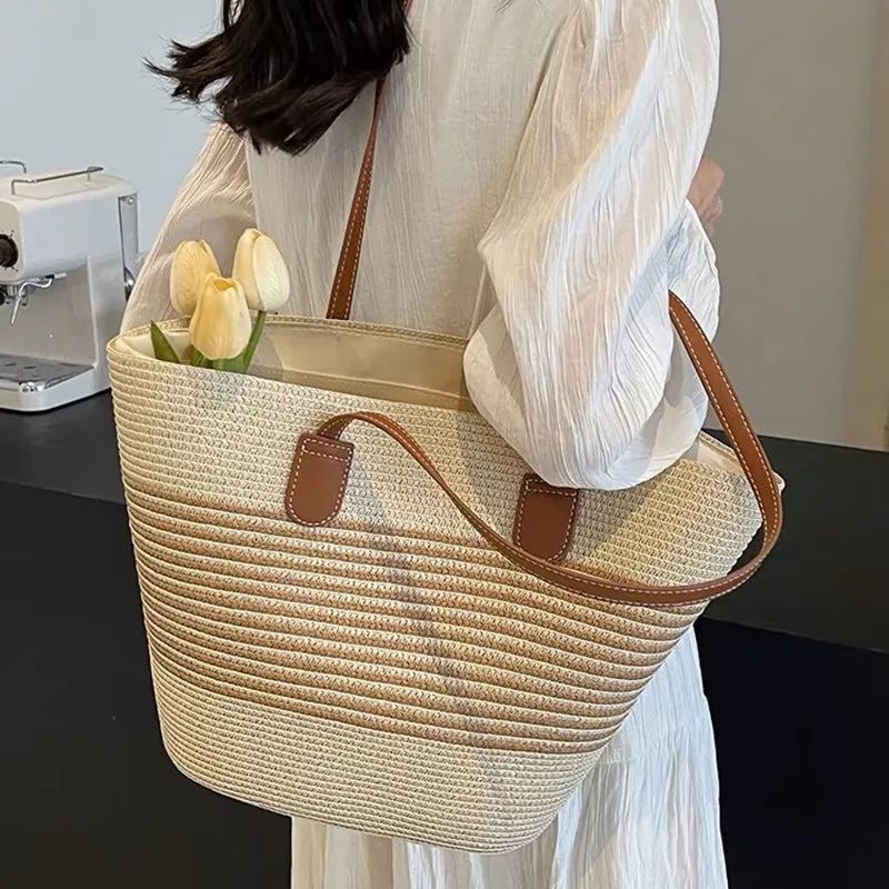 Summer Striped One-Shoulder Commuter Straw Woven Bag New Large Capacity Casual Fashion Women's Seaside Beach Tote Bag