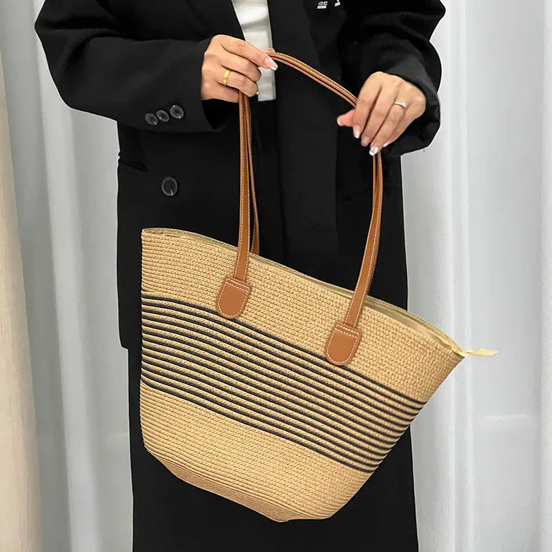 Summer Striped One-Shoulder Commuter Straw Woven Bag New Large Capacity Casual Fashion Women's Seaside Beach Tote Bag