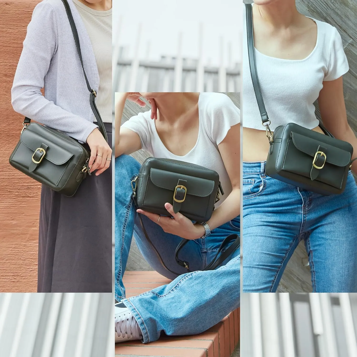 SUNLIGHT LEAVES Vegan Leather Crossbody Camera Bag For Women Vintage Square Satchel Retro Small Purse Simple Shoulder Handbag