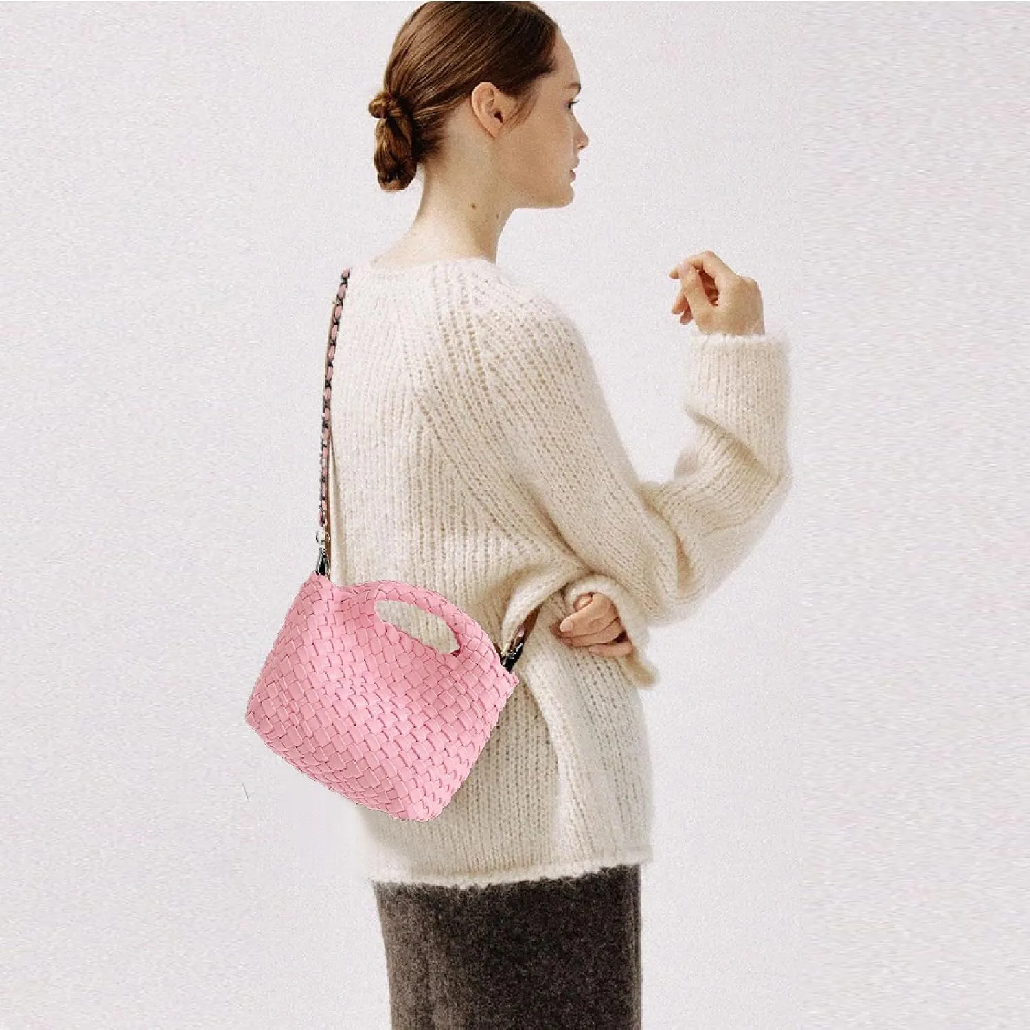 Woven Tote Bag for Women with Coin Purse, Foldable Chain Small Crossbody Handbags, Fashion Shoulder Bag, Hobo Satchel